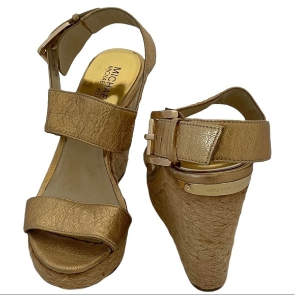 MICHAEL KORS Gold Posey Wedge Sandals Espadrille Platform Leather Pale Sandals - Picture 7 of 11